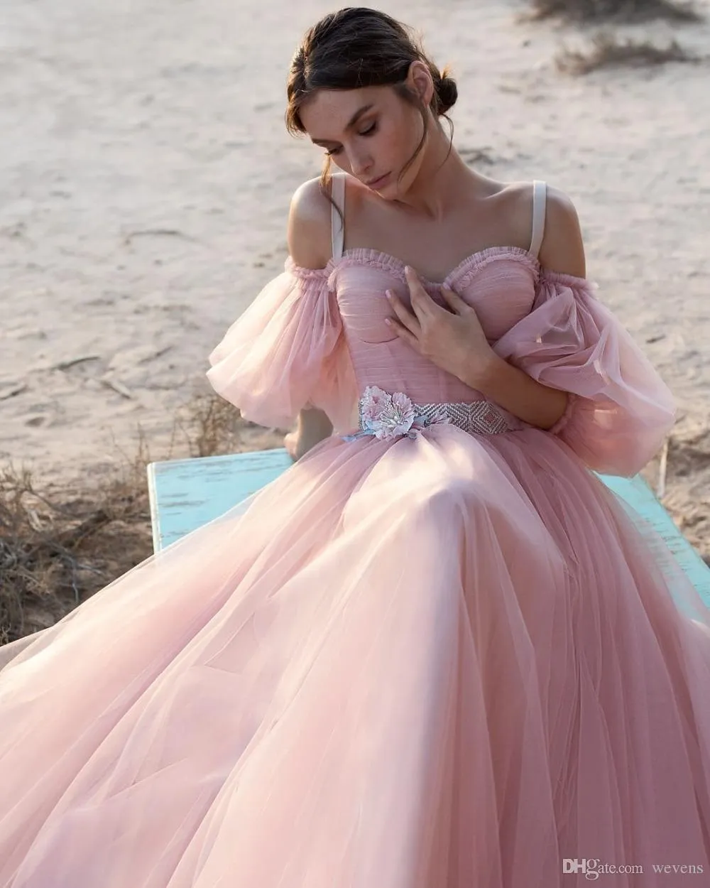 Boho Pink Prom Dress: Ruched Tulle Gown w/ Handmade Flowers Beading  Spaghetti Straps, Sash, Custom Evening Wear