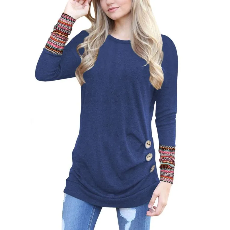 2020 New Design Women T Shirts Causal Long Sleeve Loose Button Trim  Patchwork Round Neck Tunic T Shirt Tee Shirt Femme Camisetas Mujer From  9,91 €