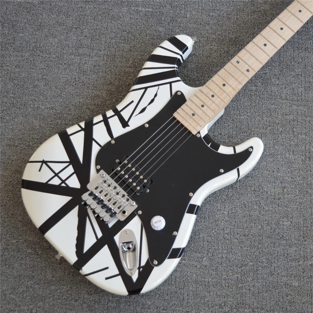 Chitarra elettrica Custom Char Eddie Van Halen 5150 White Black Stripe Floyd Rose Tremolo Bridge, dado di bloccaggio, tastiera con manico in acero