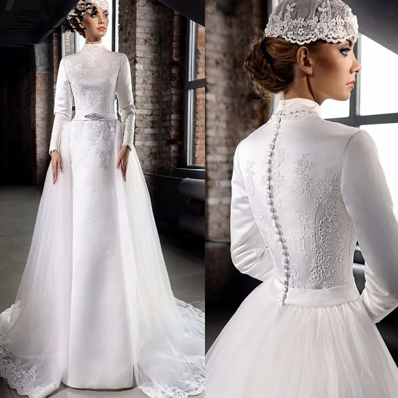 Modest Satin A Line Muslim Wedding Dresses High Neck Satin Long Sleeves Lace Applique Beaded Bridal Gowns With Tulle Detachable Train