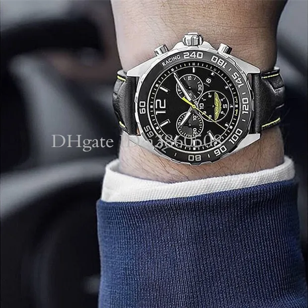 Nouveau sport 43 mm Aston Martin Racing Watch VK Mouvement de quartz Chronograph Case en acier noir Strap de cuir en cuir