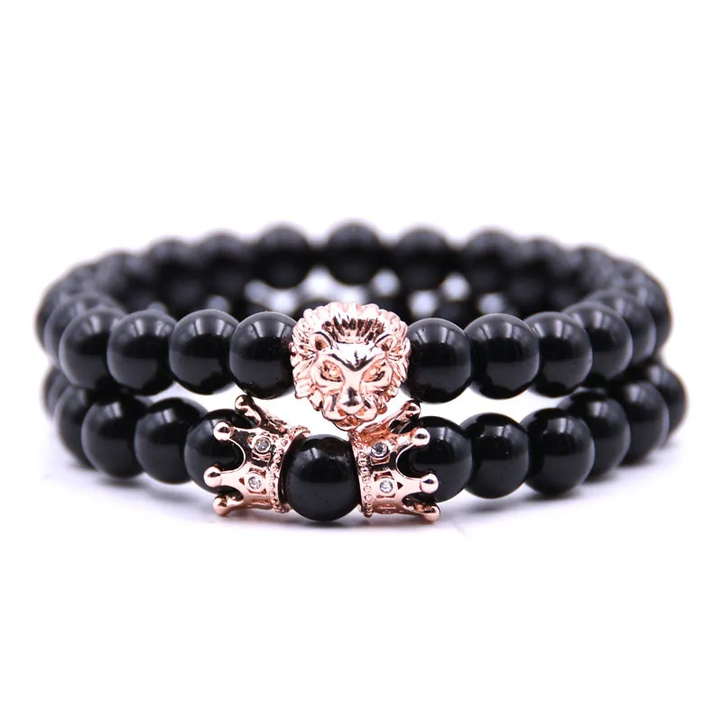 8mm Bright Black Stone Bead Braceletes Cabeça de Leão e Duplo Crown Charme Pulseira Casal Bangle para Homens Mulheres 2 Pçs / Set Vintage Jóias Presente