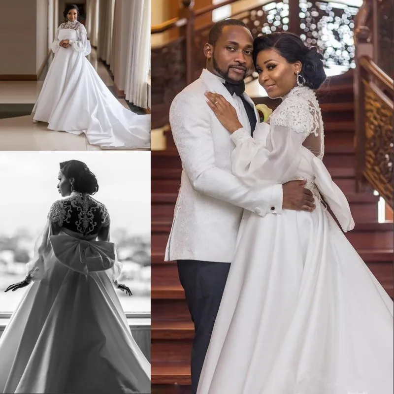 Africain Noir Fille Plus La Taille Une Ligne Robes De Mariée Satin Col Haut Lanterne À Manches Longues Grand Arc Dentelle Sash Perlé Robes De Mariée De Mariée