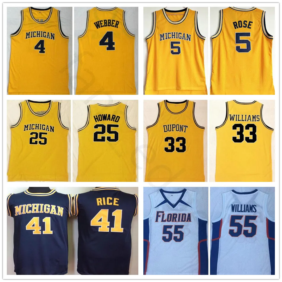 NCAA Michigan Wolverines College Jalen Rose 41 Glen Rice 4 Chris Webber 25 Juwan Howard Jason Williams Camisas de basquete costuradas