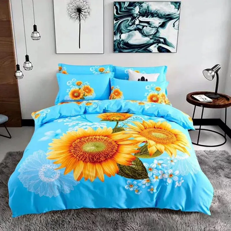 Ensemble de fournitures de literie 100 coton Cool égyptien 4 pièces belle fleur 3D tournesol reine pleine housse de couette drap plat et taies d'oreiller