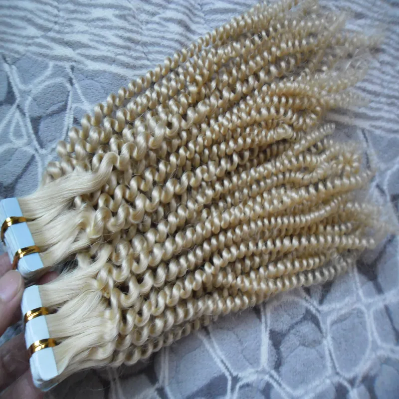 Blondes Klebeband mit Hauteinschlaghaar, 100 g, 40 Stück, 25,4 bis 61 cm, lockeres, lockiges Remy-Haar, doppelseitiges Klebeband