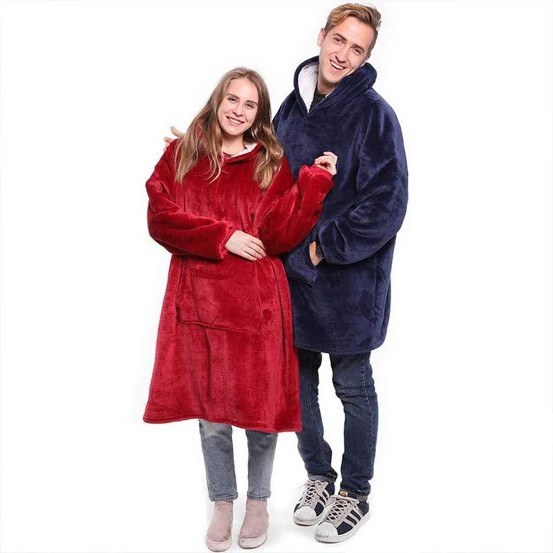 Designer Winter Pullover Outdoor Warm Hooded Fleece Pocket Filtar Soft Hoodie Slant Robe Bathrobe Sweatshirt Filt med livskvalitet