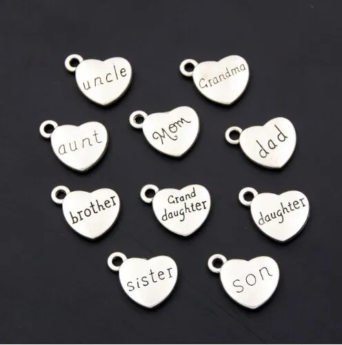 100pcs Antique Silver Mom Dad Son Heart Charms Family Member Pendants Bracelet Necklace Festival Jewelry Making Accessories DIY 17x15mm