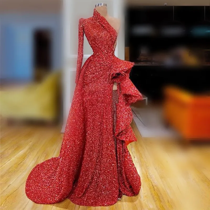 Gorgeous Red Sequined Prom Dresses One Shoulder Long Sleeves Ruched Evening Gowns High Split Sexy Party Dress Custom Made