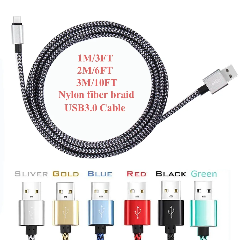 Braid Cable Type C USB-kabel 1m 2m 3m Data Sync Laddningsladdar för universella telefoner Samsung LG Huawei med metallhusplugg
