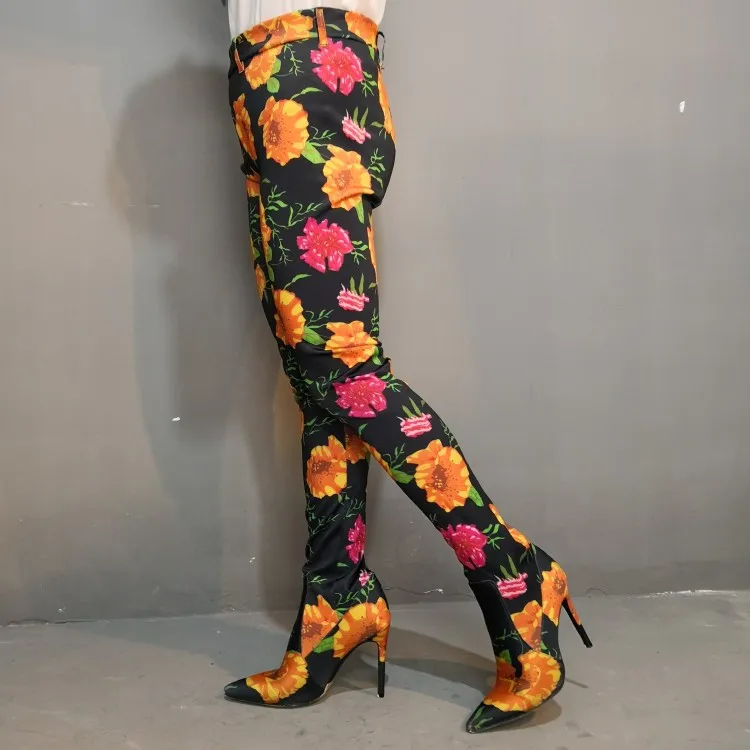 Olomm Nuove Donne Primavera Sexy Collant Stivali A Spillo Tacchi Alti Pantaloni Stivali Scarpe A Punta Floreale Delle Donne Più Il Formato DEGLI STATI UNITI 5-15