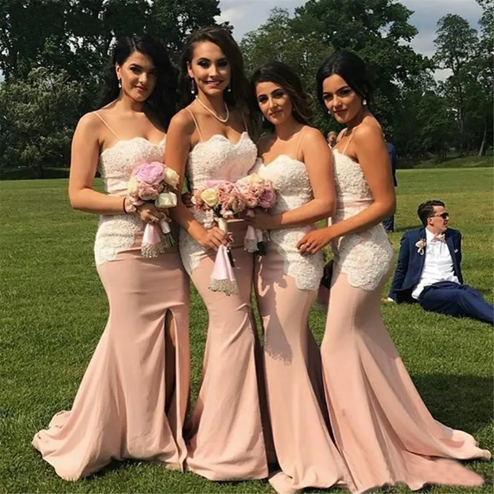Sexy Long Mermaid Bridesmaid Dresses Spaghetti Strap Sleeveless Appliqued Lace Satin Split Front Floor Length Maid of Honor Gowns BD8918