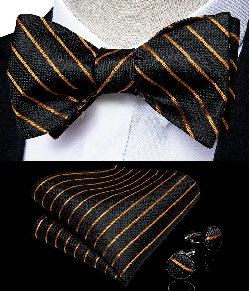 Hi-Tie Bow Tie Set Luxury Black Gold Striped Silk Self Bow Tie pour hommes Drop LH-00932428