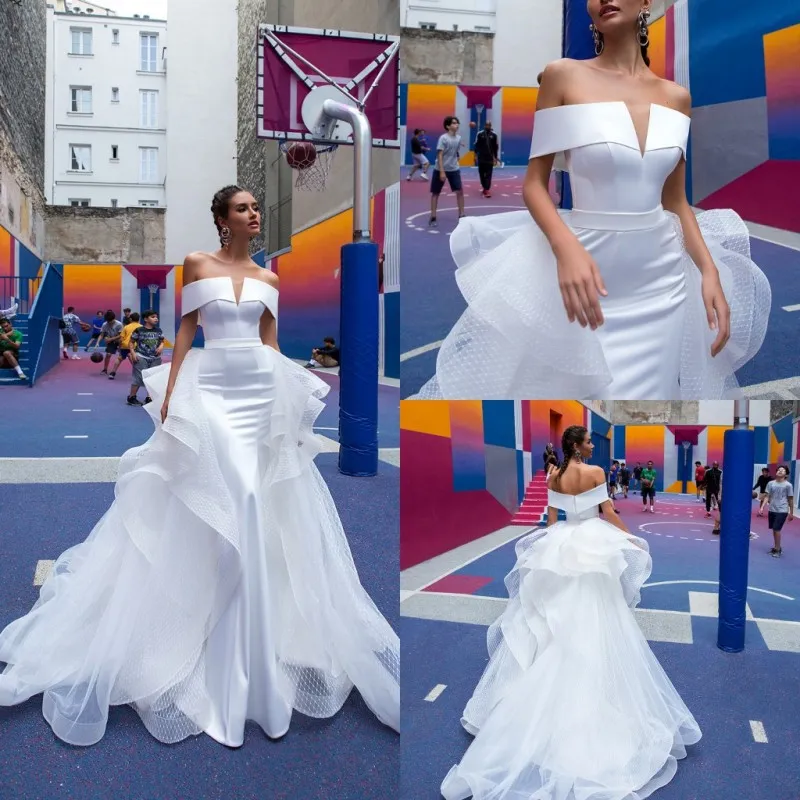 2019 Berta Beach Suknie Ślubne Suknie Z Odpinanym Overtkirts Off Ramię Satin Suknie Ślubne Plus Size Sukienka ślubna Robe de Mariée