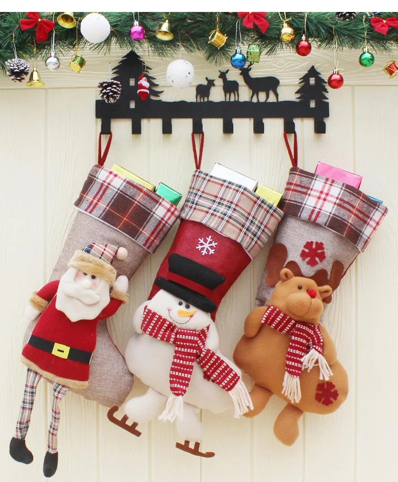 20 adet Noel çorap ekose yün Noel Baba SnowMansock 21.5x59 cm Hediye Çantası Çocuk Noel Şeker Çanta Biblo Noel Ağacı Malzemeleri DHL