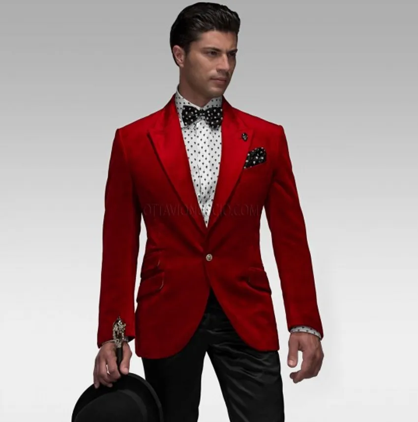 Mode rood fluwelen bruidegom smoking tuxedos piek revers groomsmen trouwjurk herfst winter stijl mannen formele partij prom pak (jas + broek + stropdas) 876