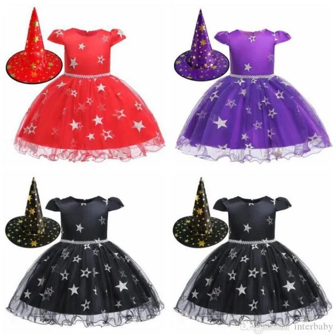 Halloween kostym tjejer cosplay klänningar med häxa hatt kläder barn scen dans häxa kostym sommar prinsessa klänningar pettiskirt ayp6086