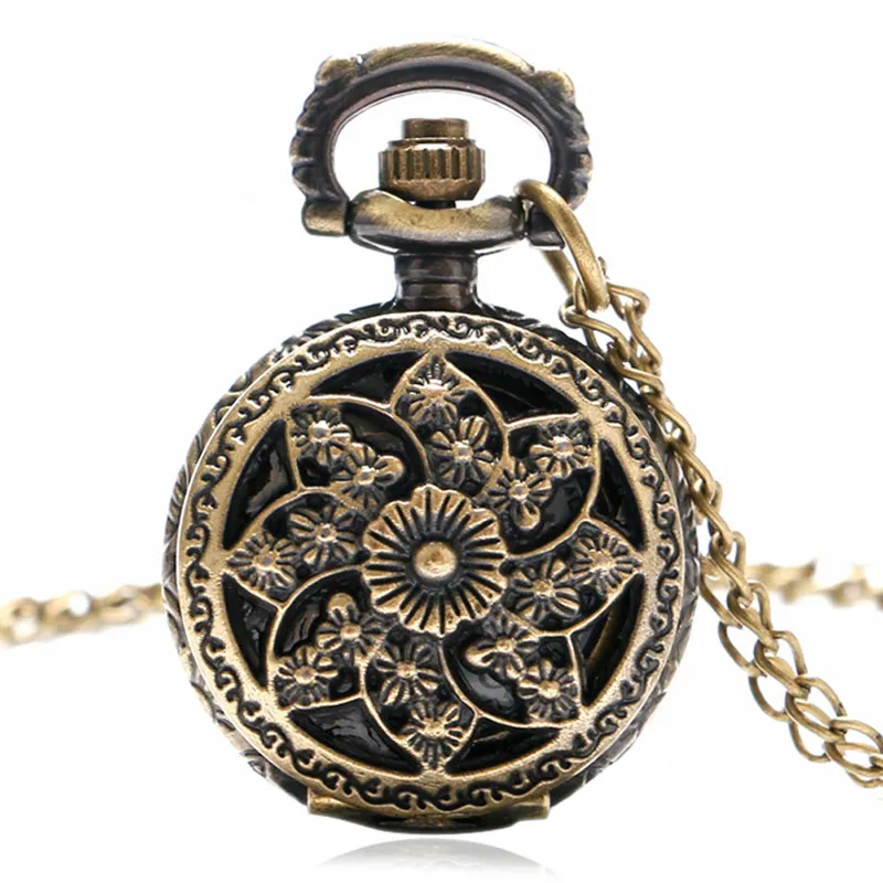 Antique classique Mini évider étui à fleurs montre de poche femmes Quartz analogique montres horloge montre collier chaîne cadeau