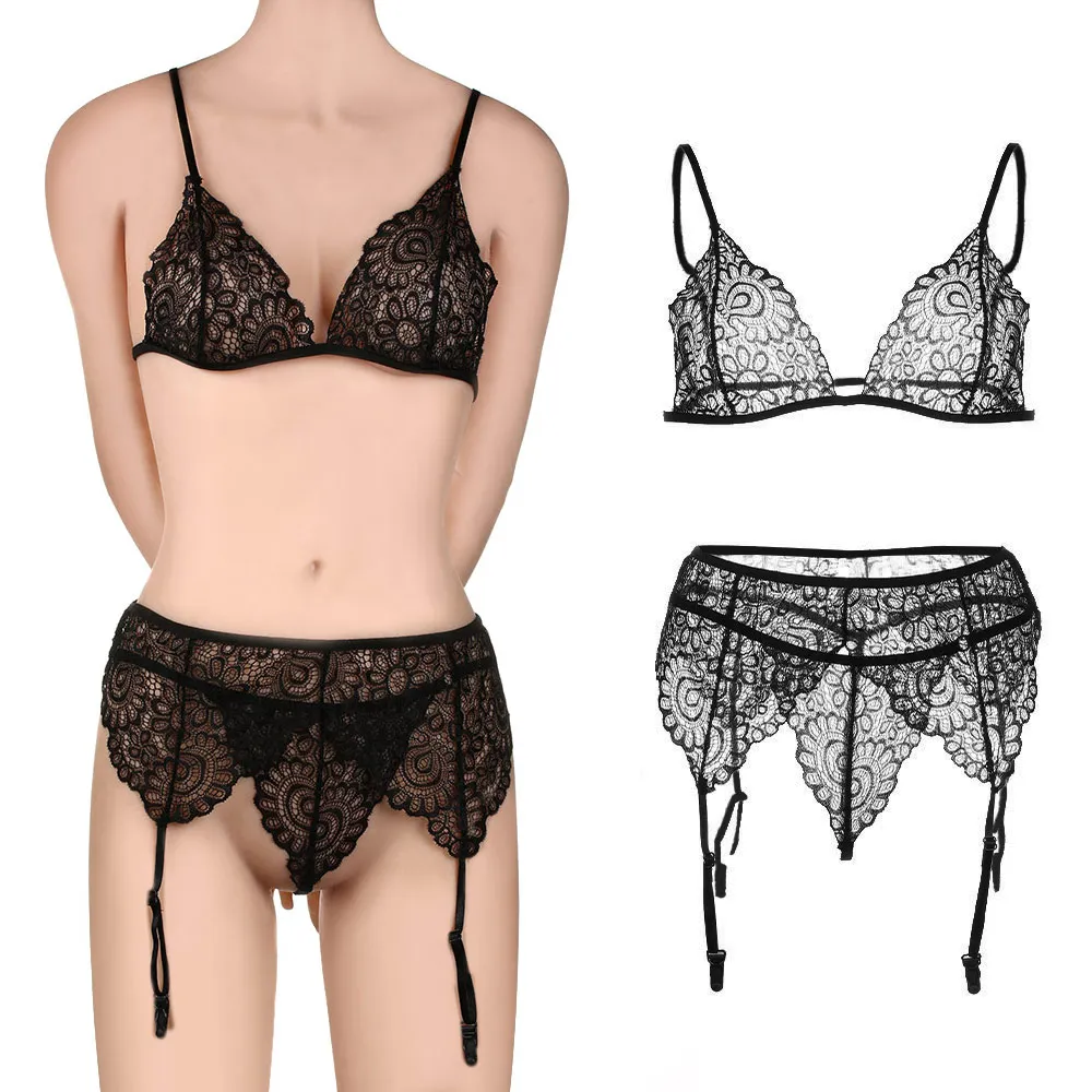 New sexy lace bra panty garter belt set women black transparent wire free lingerie 2019 seamless intimates underwear bralette
