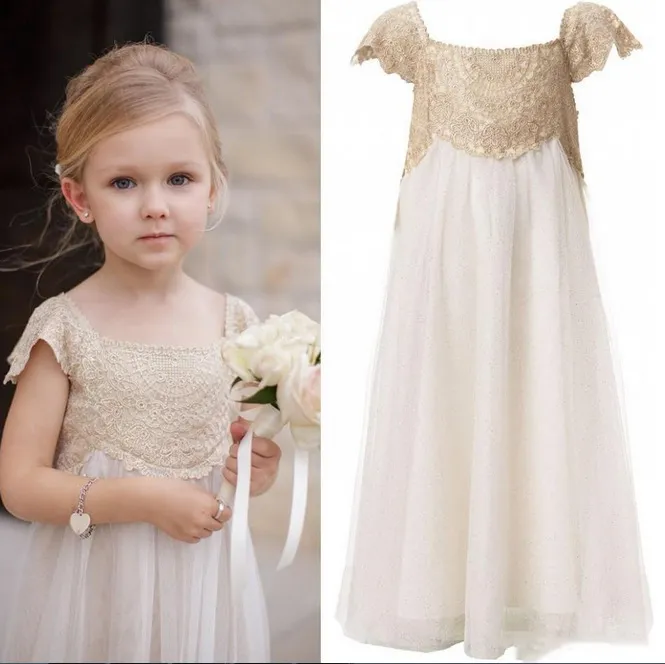 New Cheap Bohemian Princess Flower Girls Abiti Champagne Appliques in pizzo Maniche ad aletta Lungo Compleanno Bambino Prima Comunione Ragazza Abiti da spettacolo