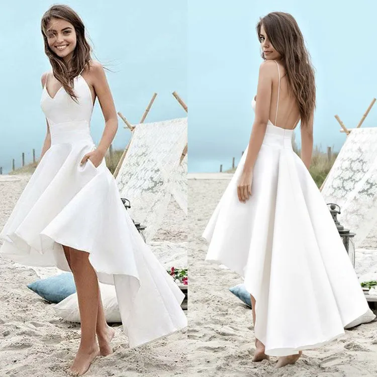 Spaghetti Long A-line Hi-low Satin Simple Wedding Dresses