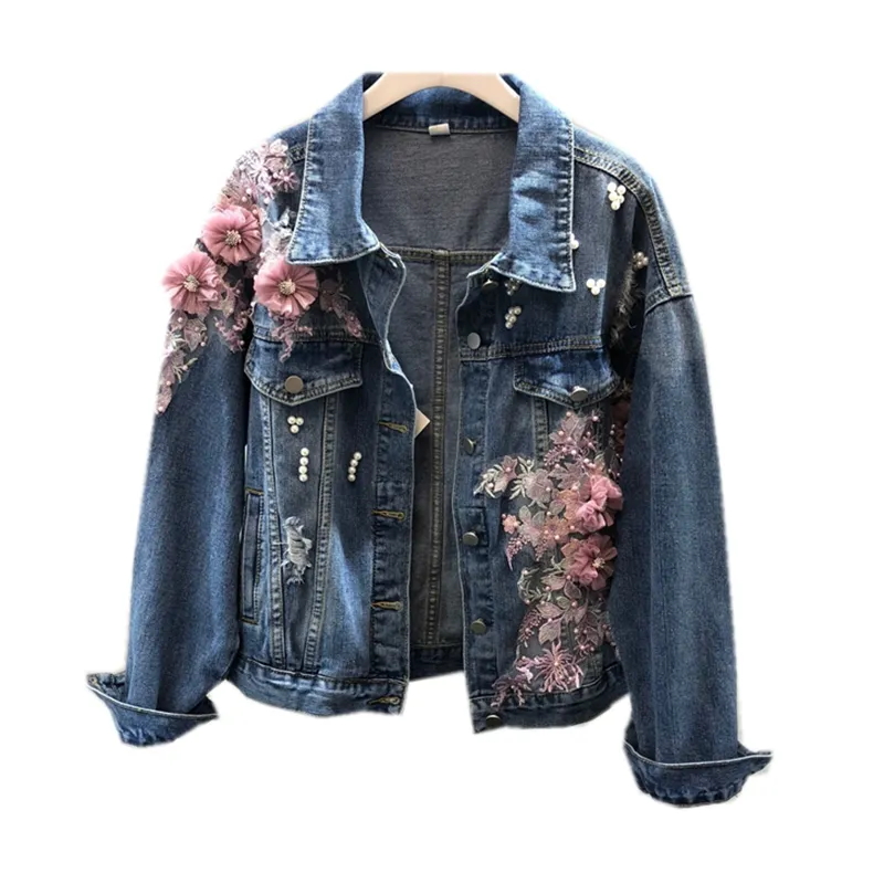 Moda Beading Jeans Bordado Jaqueta Casaco Mulheres Nova Estéreo Rosa Flor Denim Jaqueta Outono Lady Hole Básico Casaco Básico Outerwear