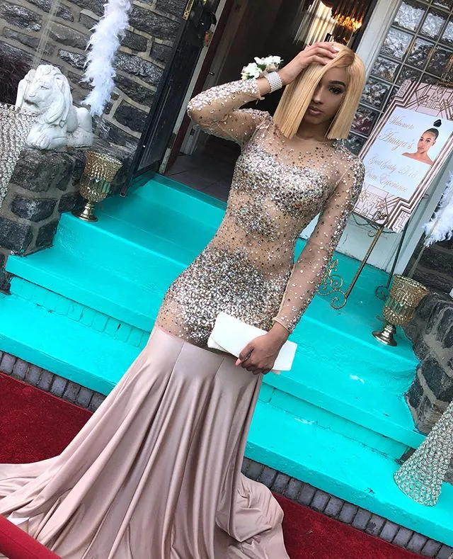 Black Girls New Mermaid Prom Dresses Jewel Neck See Through Long Sleeves Beads Crystals Party Evening Gowns Vestidos De Fiesta