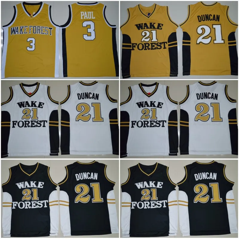 Wake Forest Demon Deacons College Maillots Tim 21 Duncan Chris 3 Paul Chemises Pas Cher Université Ed Basketball Jersey S-XXL