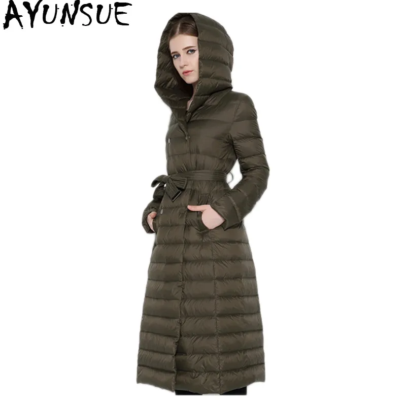 Damen Down Parkas Ayunsue Lichtjacke Frau Kapuze Winter Lange Mantel Frauen Zweireiher mit Gürteljacken Parka Casacas Para Mujer KJ