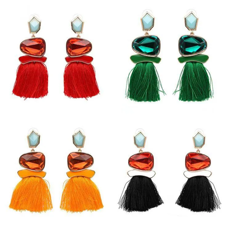 Europe Tassel Dangle Earrings for Women Trend Crystal Stone Stud 10 Colors Mix Bohemian Jewelry Wholesale