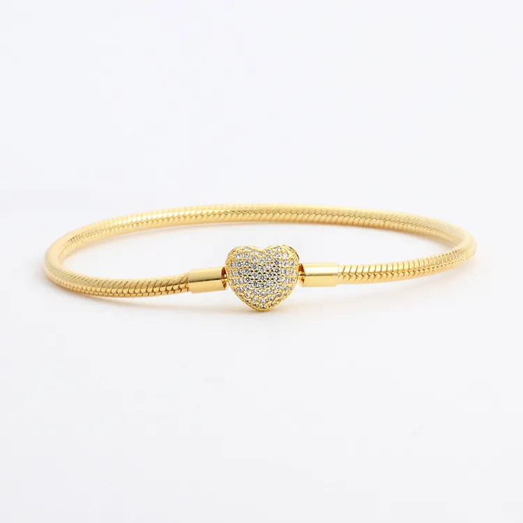 18 -karatowe żółte złoto CZ Diamentowe serce bransoletki oryginalne zestaw do pandora 925 Srebrny łańcuch węża dla kobiet biżuteria ślubna E2J2