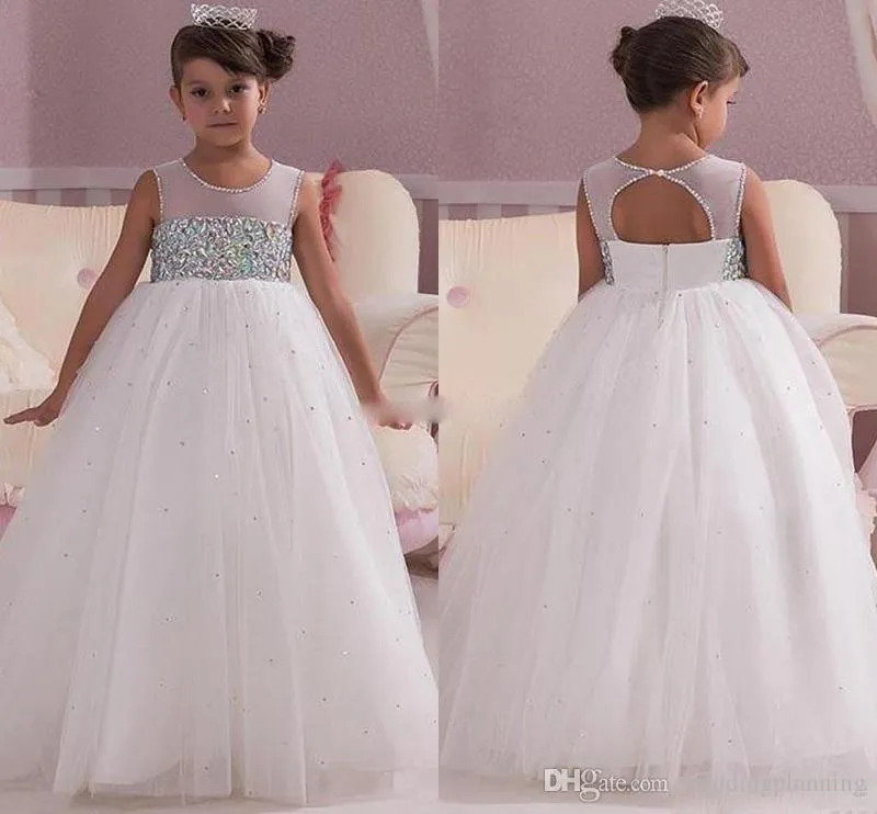 Prinzessin White Wedding Blumenmädchenkleider Empire-Taille Kristalle Öffnen Zurück nach Maß Günstige Baby-Kommunion Mädchen-Festzug-Kleid