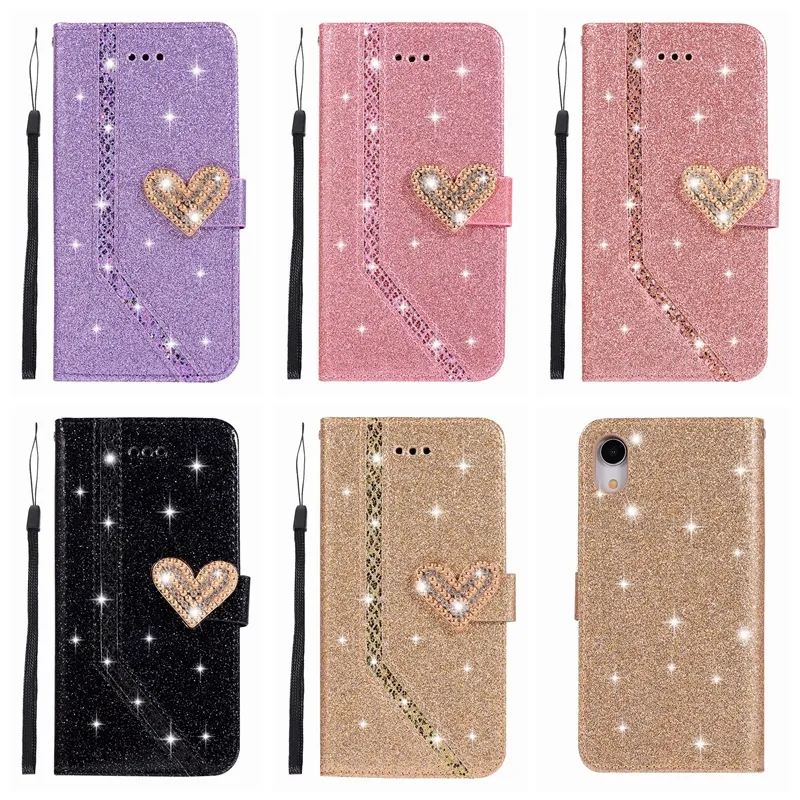 mode hart glitter lederen portemonnee hoesjes voor iphone 15 14 plus 13 pro max 12 11 xr xs x 8 7 6 liefde bling diamant glitter sprankelend luxe meisjes dame flip cover meisjes etui