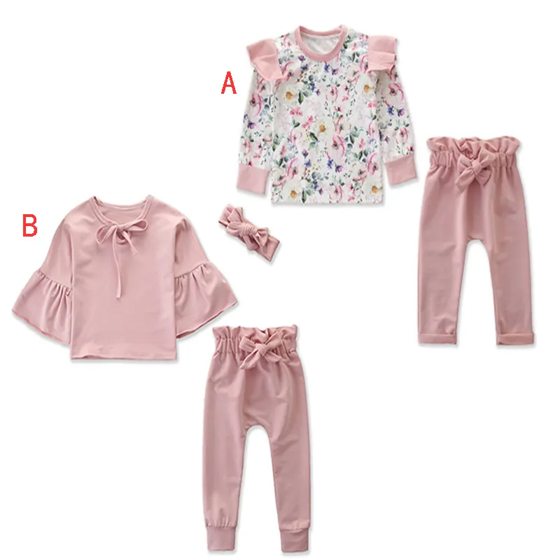 2019 nieuwe hete meisjes herfst mode trompet outfits en print bloemen Ruffle lange mouwen top + broekpak pak roze vrijetijdskleding M045