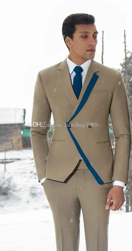 Classic Style Double-Breasted Khaki Bruidegom Tuxedos Notch Revers Groomsmen Mens Past Bruiloft / Prom / Diner Blazer (jas + Broek + Tie) K461