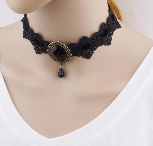 Mode smycken goth lolita spets bohemian kristall krage choker kort kristall hängsmycke halsband för kvinnor mode populär halloween gåva