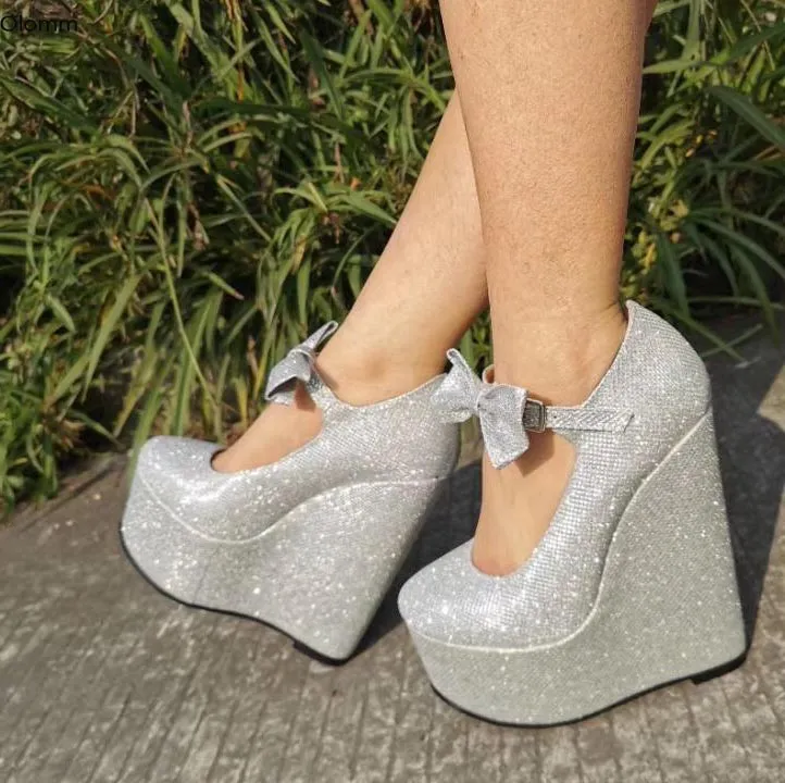 Rontic Women Handmade Platform Pumps Knot Wedges High Heels Pumps Round Toe Gorgeous Silver Party Shoes Women Plus US Size 5-15