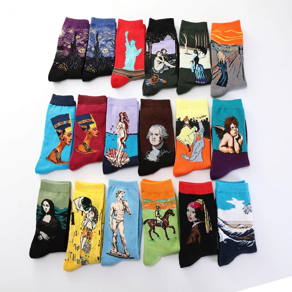 Caliente noche estrellada Otoño Invierno Retro mujeres personalidad arte Van Gogh Mural pintura de fama mundial calcetines masculinos aceite divertido calcetines felices