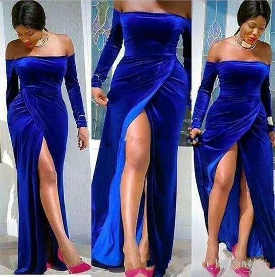 Nieuwe Sexy Goedkope Royal Blue Velvet Prom Dresses Off Shoulder Lange Mouwen Hoge Split Vloer Lengte Party Jurk Plus Size Formele avondjurken