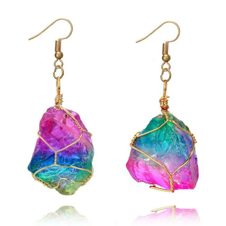 Rainbow Crystal Quartz Dangle Earrings: Gold Plated Stone Pendant
