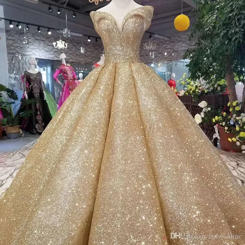 Gold Long Ball Gown Prom Dress with Sequins and Lace-Up Back Court Train  from Dhgate Prom Dresses - price 219.1