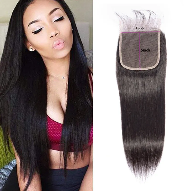 Brazilian Virgin Hair 5X5 Lace Closure Straight Human Hair Natural Black 5*5 Hair Weft Top Closrues 12-26inch