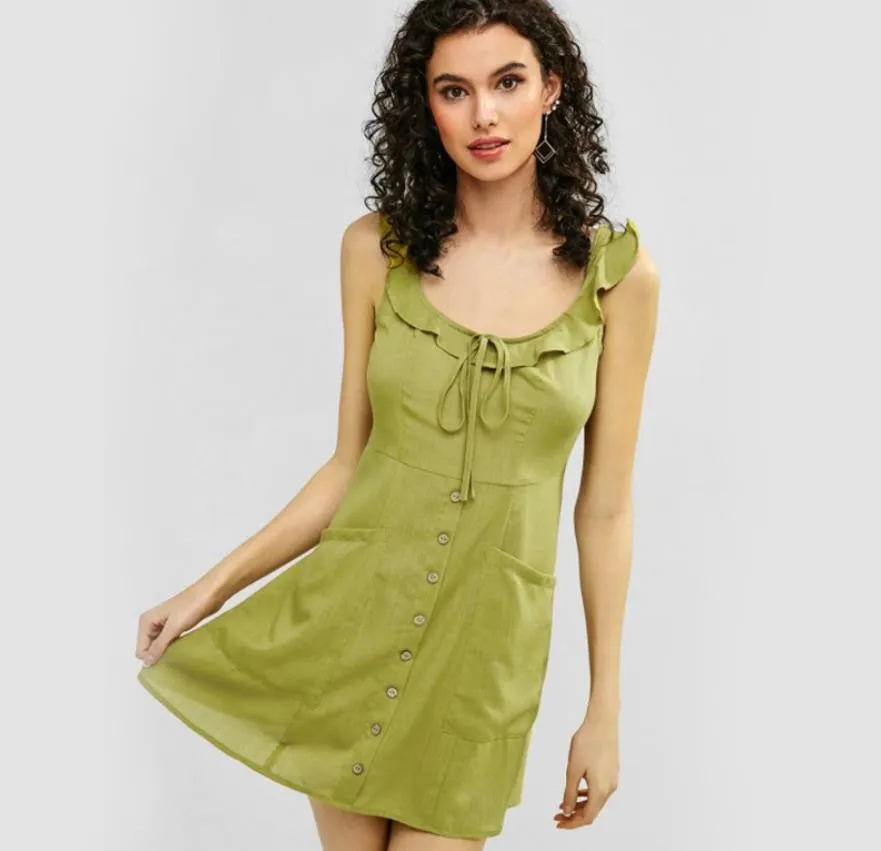 2019 Vintage armée vert robe d'été femmes été robe à volants Sexy robe fronde Midi bouton dos nu plage a-ligne robe femme