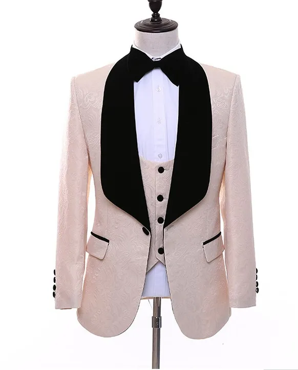 Embossing bruidegom smoking champagne groomsman bruiloft pak zwart fluwelen revers mode mannen business prom jas blazer (jas + broek + tie + vest) 16