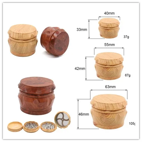 Broyeur à tabac en bois Broyeur à main en bois à épices Broyeur à fumée 40 mm 50 mm 63 mm 4 parties pour accessoires de tabac Broyeurs à tabac