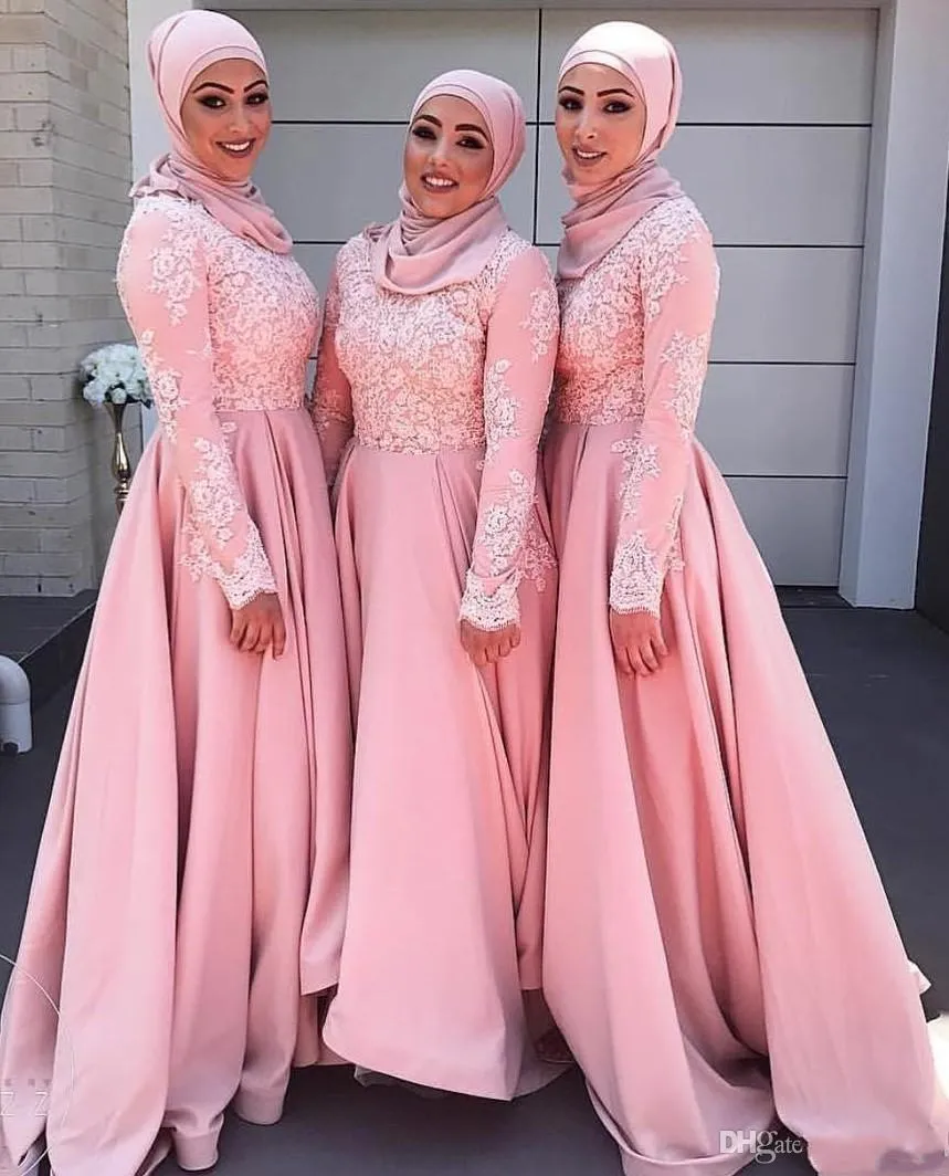 Arabiska Dubai 2019 Ny design Muslim Pink Bridesmaid Dresses Lace Applique Långärmade Maid of Honor Dress Bridesmaid-klänningar för bröllop 1036