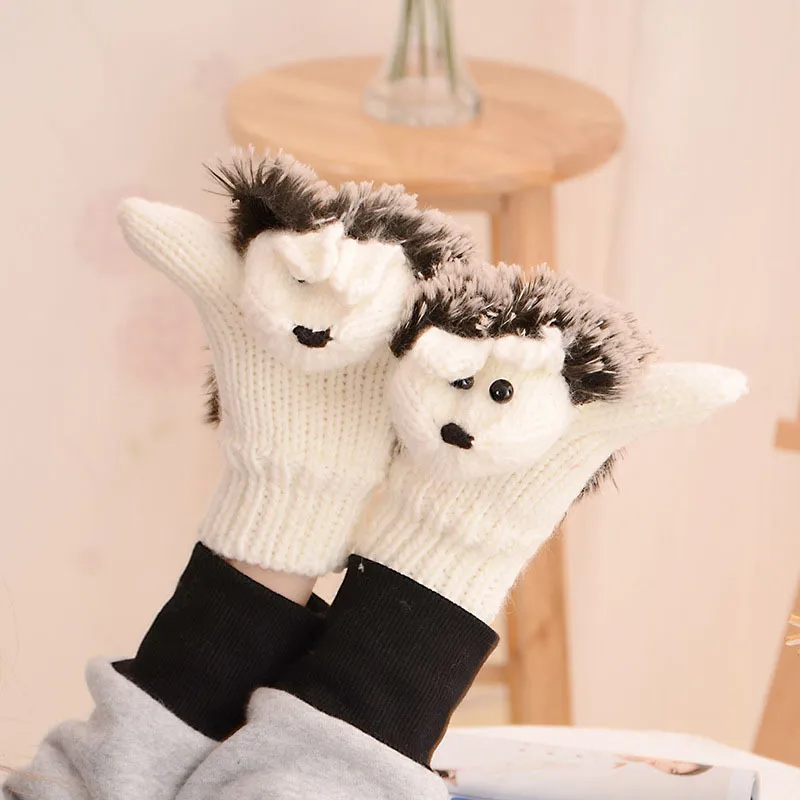 Fashion-New 5 Colors Girls Novelty Cartoon Winter Gloves for Women Knit Warm Fitness Gloves Hedgehog Heated Villus Wrist Mittens