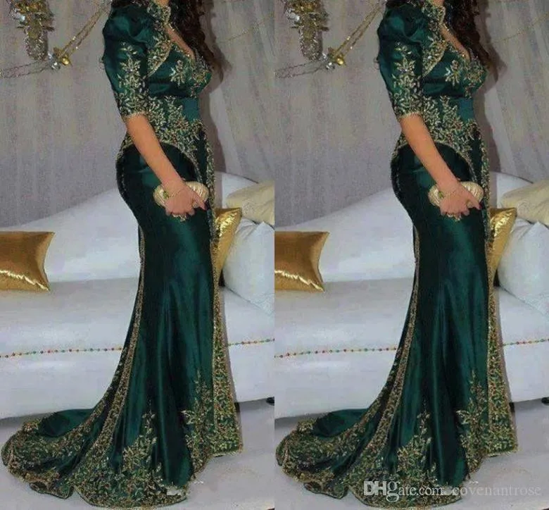 Green Elegant Dark Mermaid Evening Dresses Embroidery Beaded Sequin High Neck Indian 1/2 Sleeves Gold Appliques Prom Gowns Party Dress