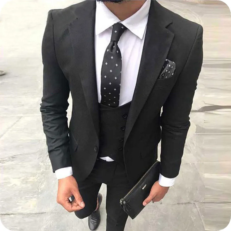 Dorywczo Mężczyźni Garnitury Dla Wedding Suit 2019 Black Beige Tuxedos Slim Fit Fit Groom Wear Groomsman Prom Blazer Costume Homme 3pieces Kurtka + Spodnie + Kamizelka