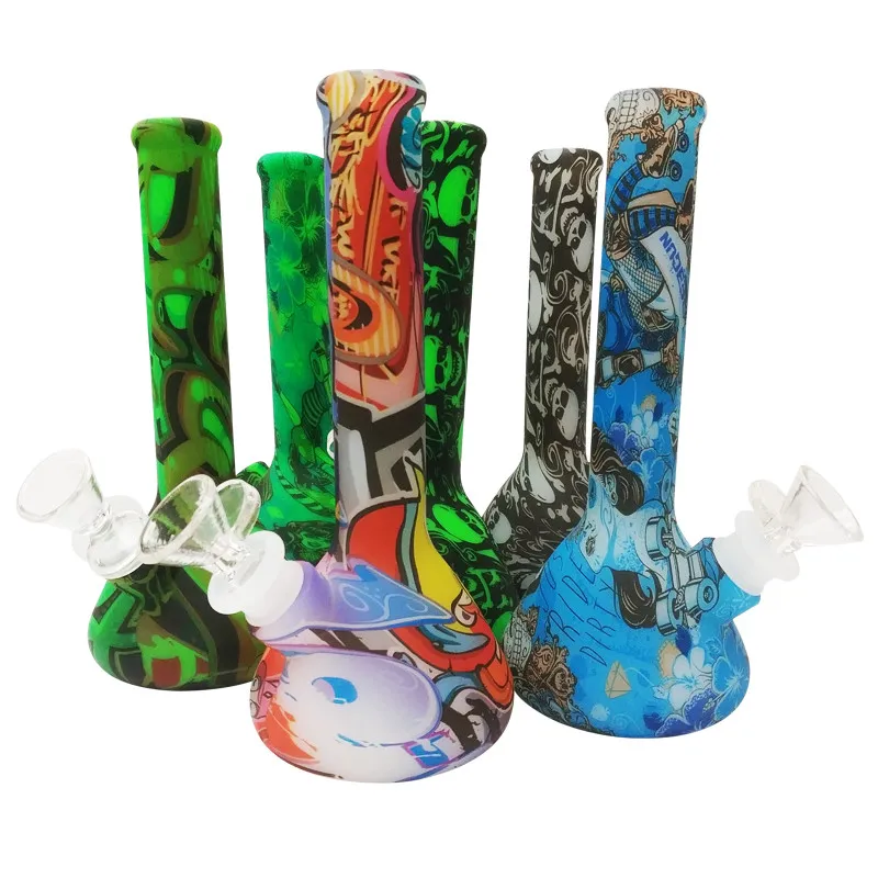 Bong Water Pipe Bubbler卸売ビーカー形喫煙パイプリグ7.5 ''高さプリントガラスボウル付き包括的なシリコーンパイプ